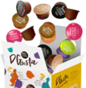 Selection of Dolce Gusto coffee pods in a box.