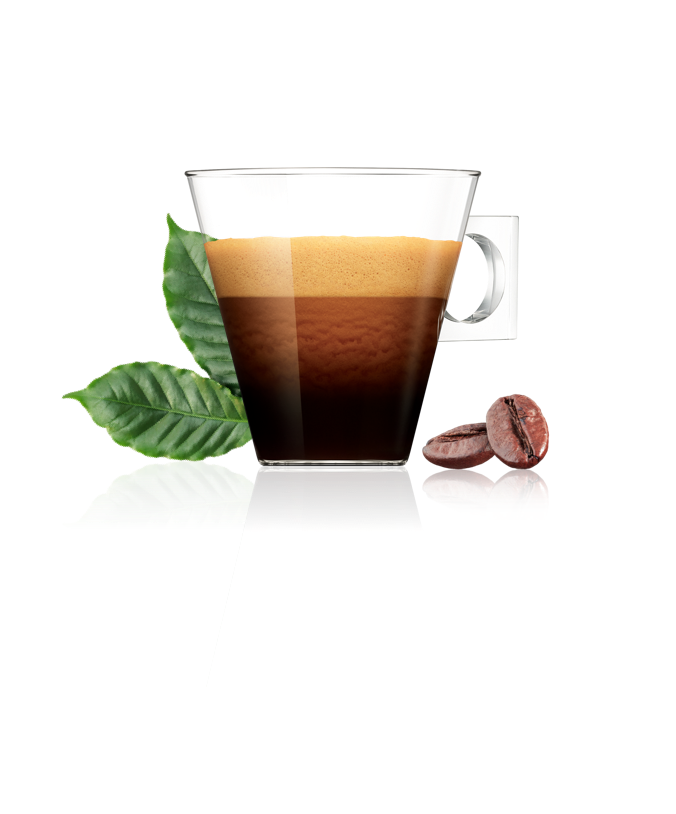 A coffee cup, green leaf and coffee bean